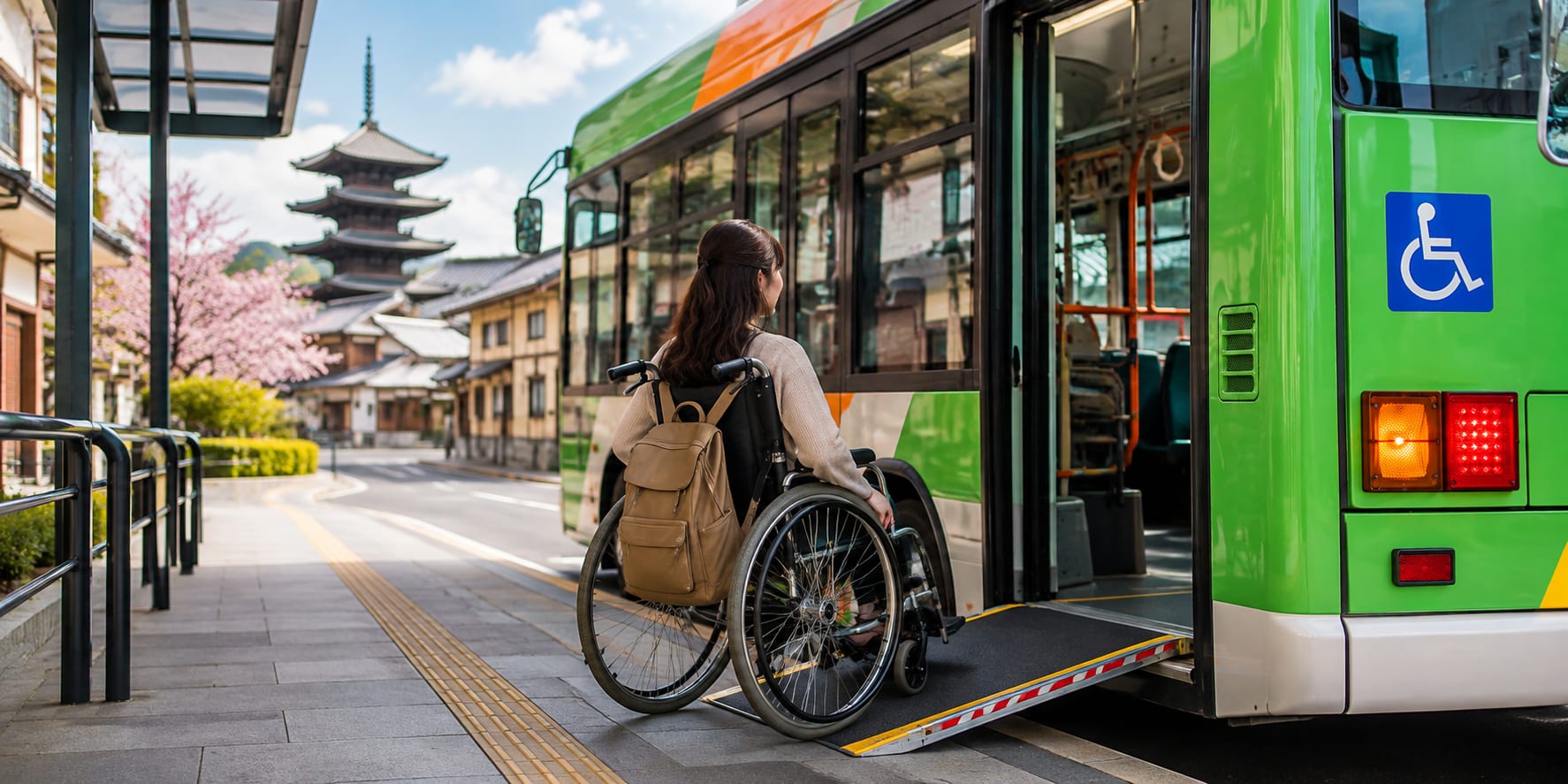 Traveler in a wheelchair boarding an accessible bus via a ramp, a pagoda and cherry blossoms in the background